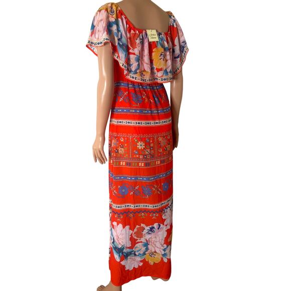 Jealous Tomato midi dress off shoulder orange BoHo floral Aztec print NEW SZ XS - Picture 4 of 8